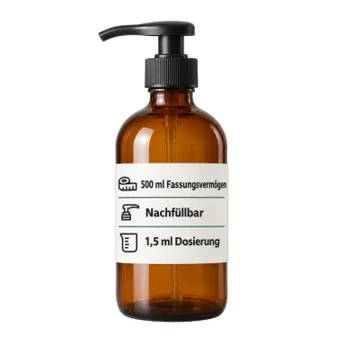 Seifenspender aus Braunglas mit Banderole: 500 ml Fassungsvermögen, nachfüllbar, 1,5 ml Dosierung
