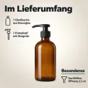 Lieferumfang: 1 Glasflasche aus Braunglas und 1 Pumpkopf mit Steigrohr